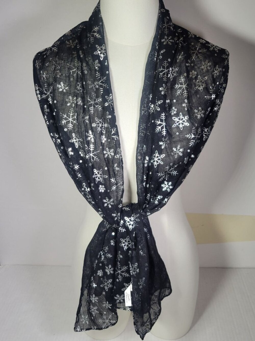Lavello Black Sheer Viscose Silver Snowflake Design Scarf